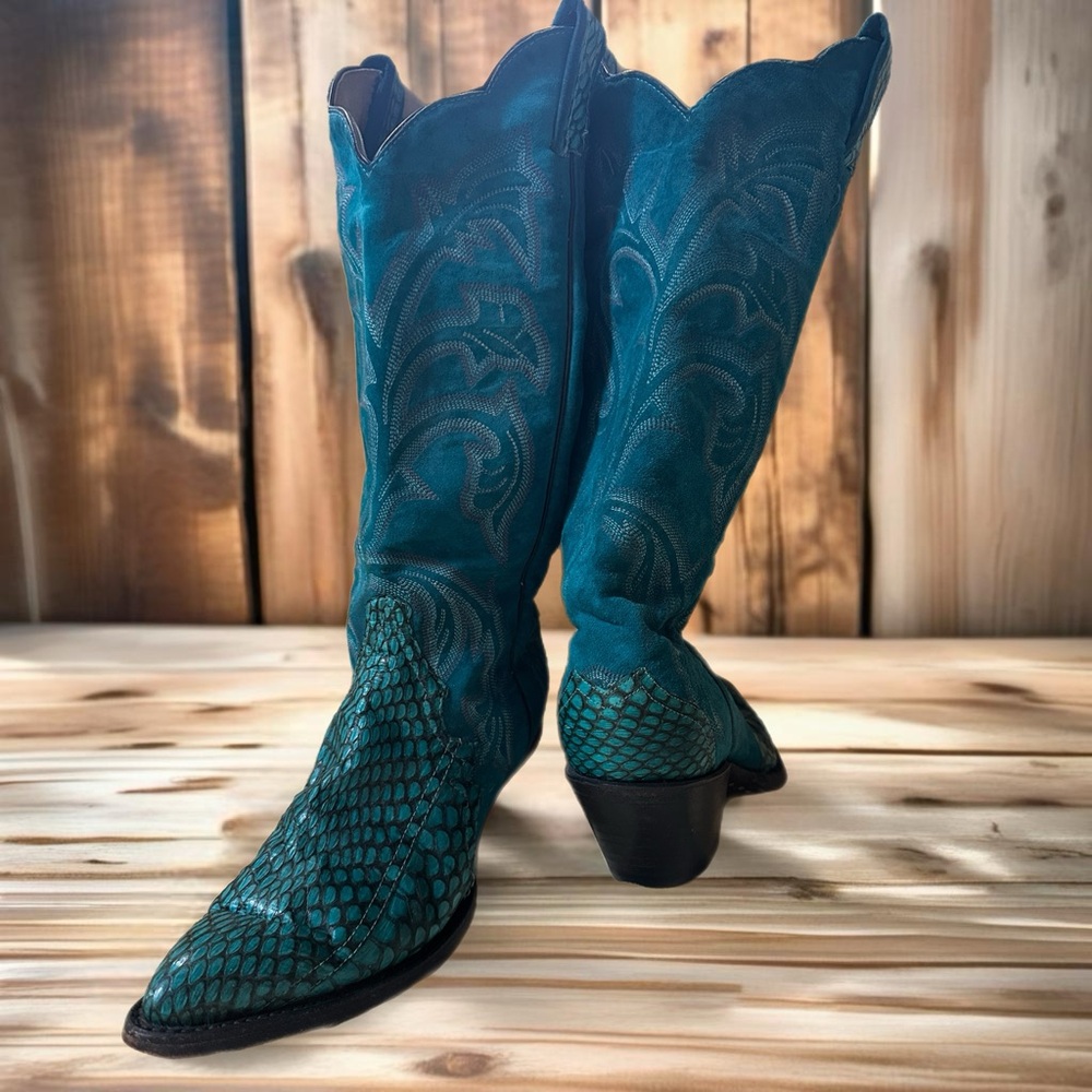 Larry Mahan Teal Suede and Leather Western Boot	Size 6
